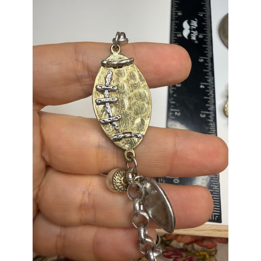 Mixed Metal Football Charm Bracelet Gold Silver Tone Toggle Faux Pearl Sporty